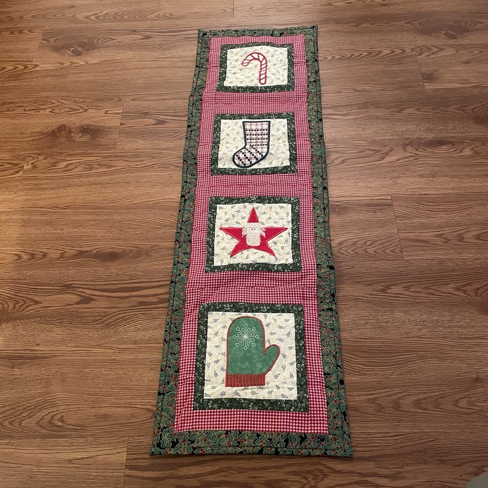 Handmade Quilted Christmas Table Runner Yuletide Joy Appliqué 12.5" X 41"